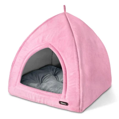 خانه سگ و گربه از جنس مخمل نرم و ضخیم صورتی با تشک طوسی