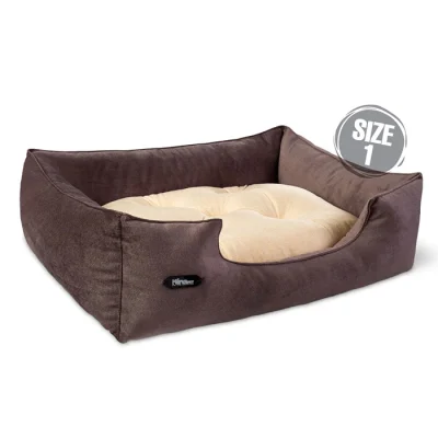 جای خواب سگ و گربه جنس پارچه مبلی درجه یک قهوه ای با تشک کرم