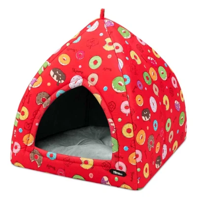 خانه سگ و گربه از جنس مخمل نرم و ضخیم قرمز مدل دونات