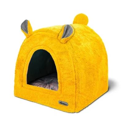خانه چهار کاره سگ و گربه از جنس مخمل نرم و ضخیم رنگ زرد مدل خرسی