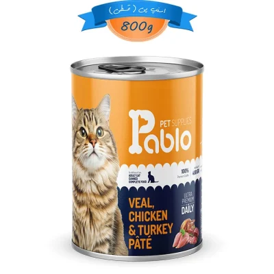 کنسرو پته گربه پابلو طعم مرغ و بوقلمون و گوشت گوساله وزن 800 گرم Pablo Pet Supplies