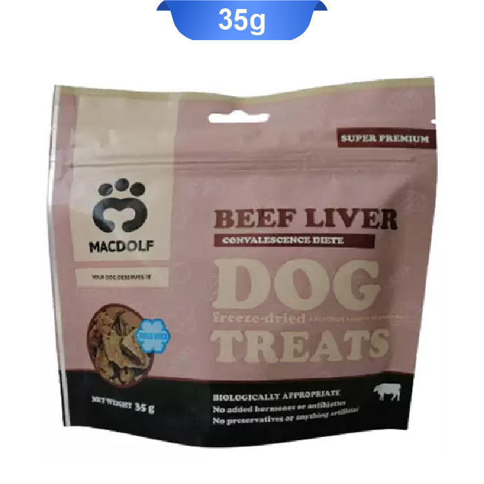 Macdolf-Adult-Dog-Freez-dried-Treat-With-beef-liver-35gr تشویقی سگ مکدلف طعم جگر گوساله مدل فریزدراید وزن 35 گرم Macdolf Beef Liver - Image 1