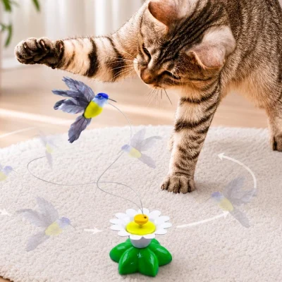 اسباب بازی گربه دارای گل و پرنده چرخان با قابلیت چرخش ۳۶۰ درجه